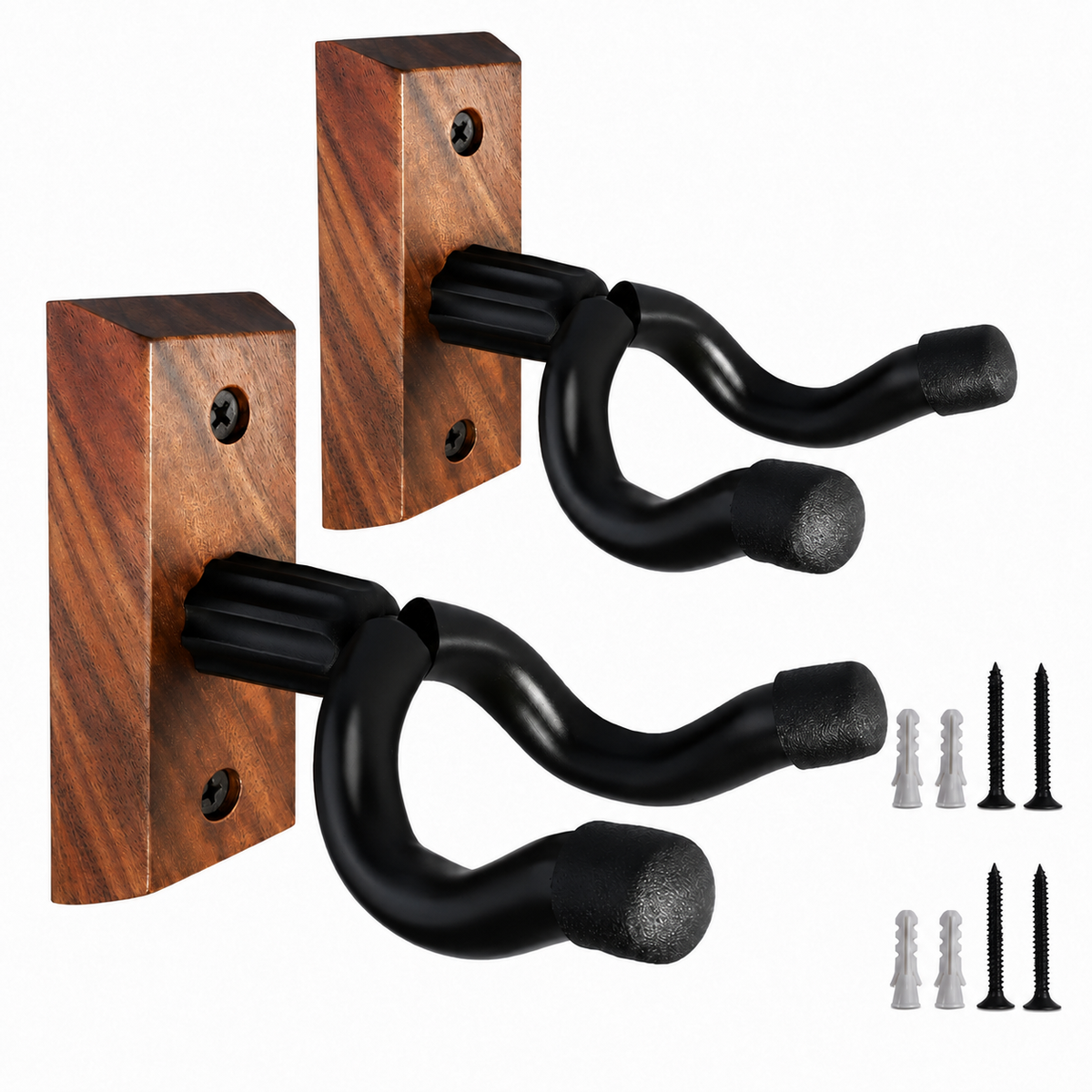 2 Pack Guitar Wall Mount, Black Walnut Wood U-Shaped Guitar Hanger Hooks, Pivoting Yoke with Safe Padding, Hold Up to 20 Lbs, Complete Mounting Hardware Included for Acoustic, Electric, Bass Display
