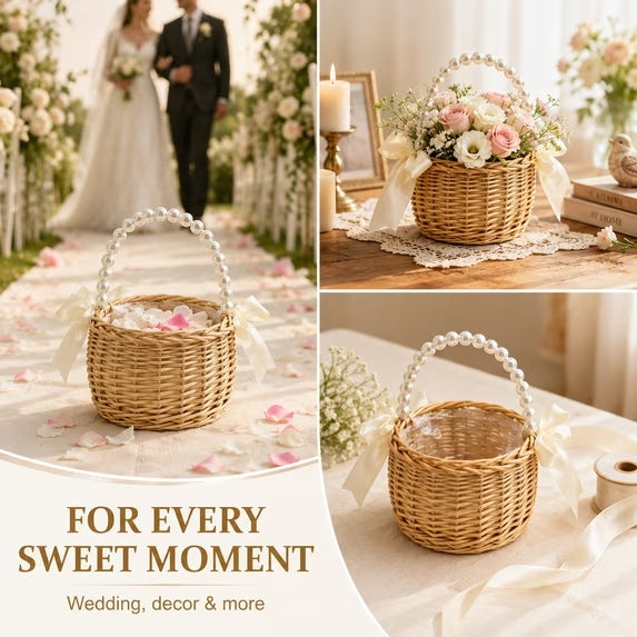 Flower Girl Basket, Small Wicker Basket with Pearl Handle and Bow, 5.9 Inch Rattan Flower Basket, Lightweight Wedding Basket for Petals, Ceremony Aisle, Home Decor and Flower Girl Gifts