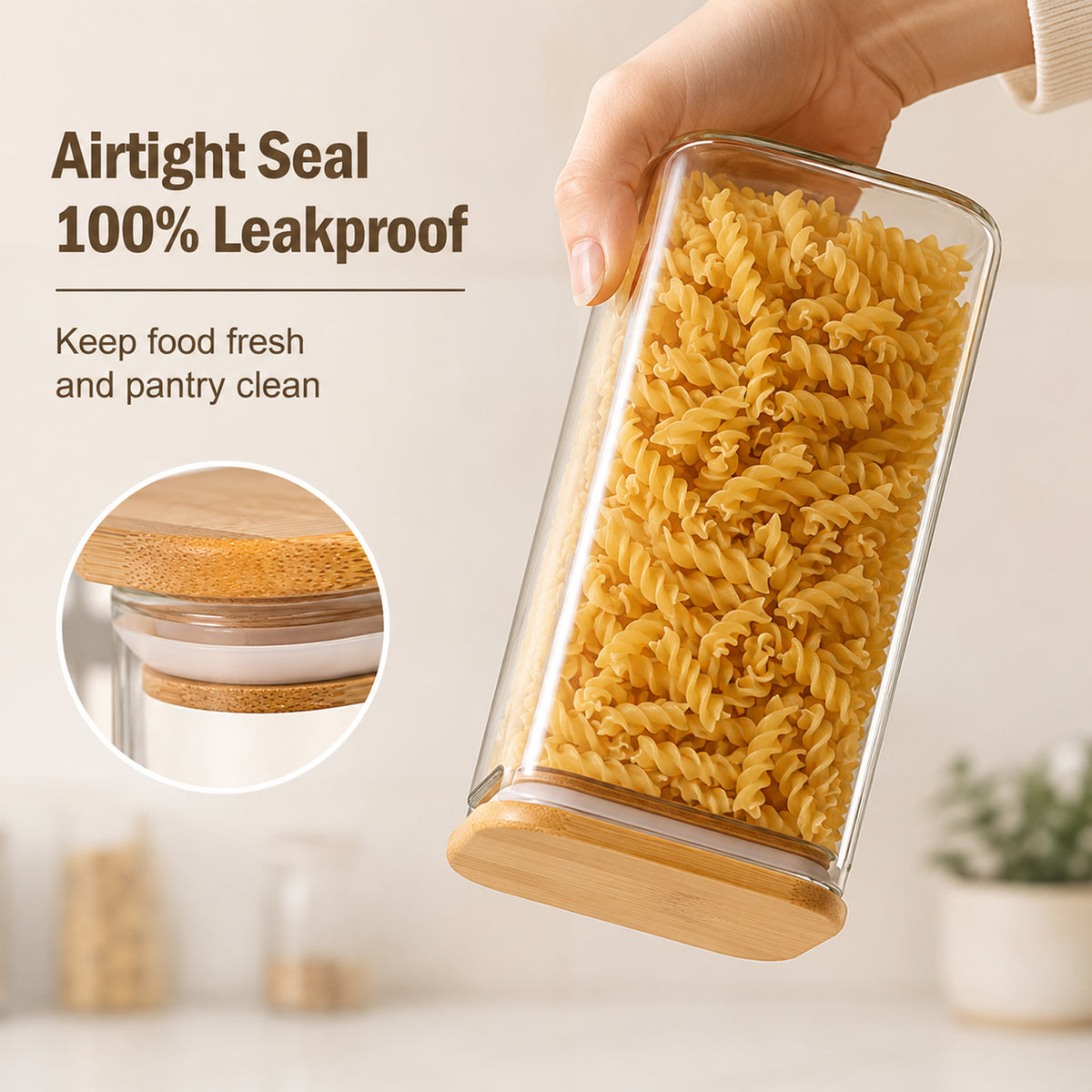 Glass Spaghetti Pasta Storage Containers, 3 Pack 2.2Qt Square Airtight Glass Jars, Clear Sealed Canisters for Flour Cereal Beans Pantry Organization