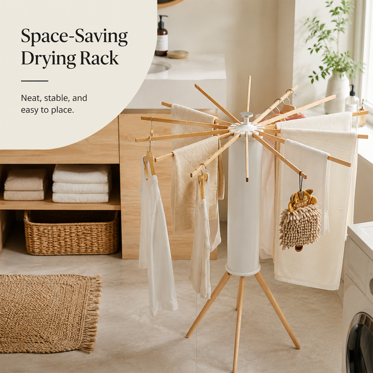 Tripod Clothes Drying Rack, Foldable Wooden Garment Rack, Portable Space Saving Floor Laundry Stand for Bedroom and Balcony Use