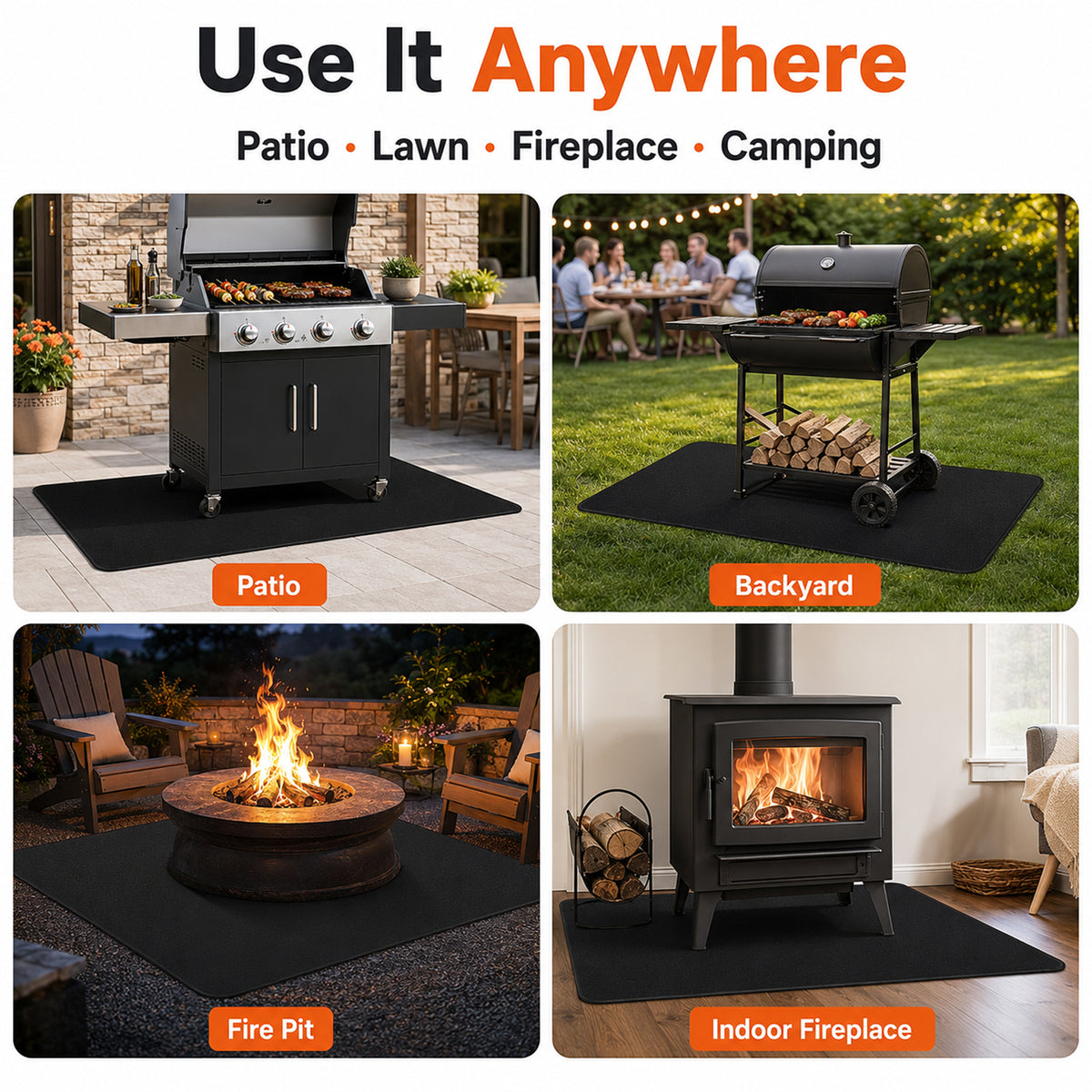 60x40 Inch Large Grill Protection Mat, Dual Sided Water & Oil Counteractive Heat Insulated Floor Pad, Anti-Scratch Ground Cover for Outdoor Backyard Barbecue, Indoor Fire Pit and Fireplace Use