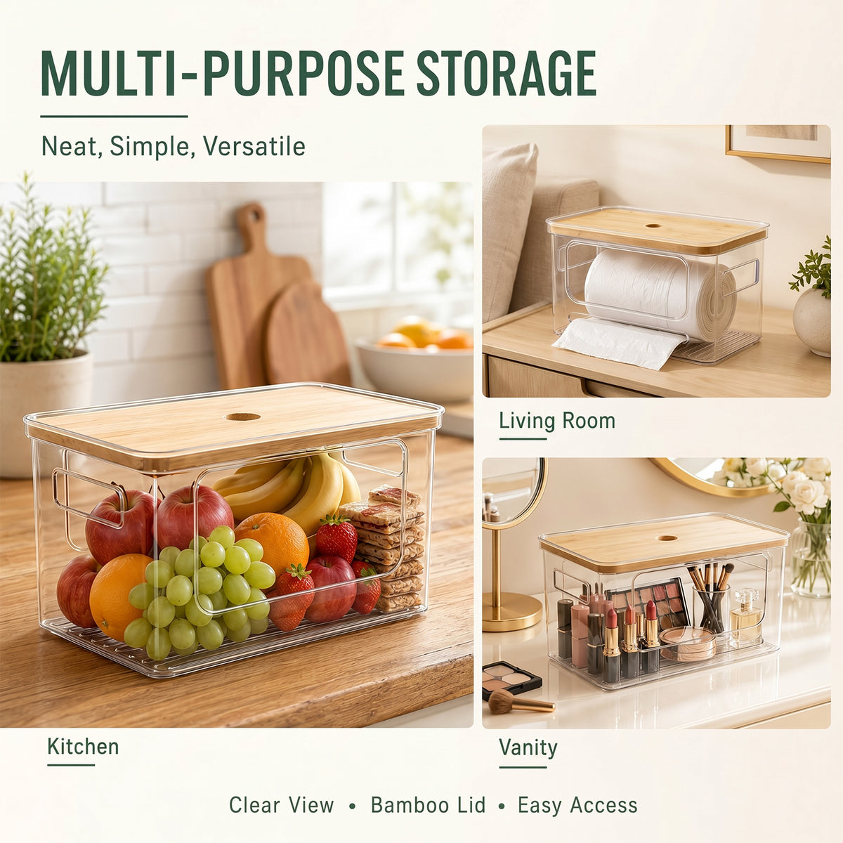 Trash Bag Holder with Bamboo Lid, Stackable Storage for Laundry Room Organization, Extra Large Garbage Bag Dispenser, Under Sink Pantry Organizer