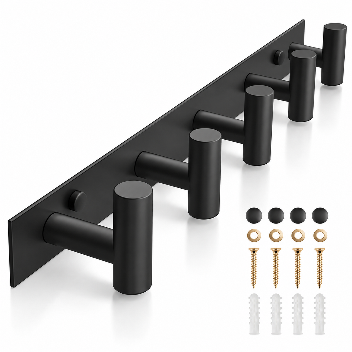 Wall Mount Coat Rack with 5 T-Shaped Hooks, Black Heavy-Duty Metal Hanging Rail, 15.5 Inch Wall Mount Hanger for Hats, Bags and Towels, Multi-Purpose Storage Organizer for Entryway, Bathroom, Closet