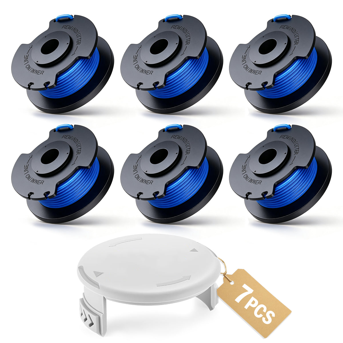 7 Pack Weed Wacker String Replacement, 0.065 Inch 11FT String Trimmer Refill, Compatible with 18V 24V 40V Trimmers, Includes 6 Trimmer Strings and 1 Cover