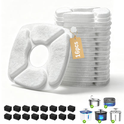 32 Piece Cat Water Fountain Filter Set, 16 Replacement Filters with 16 Sponges for 67 oz, 95 oz and 135 oz Pet Drinking Fountains