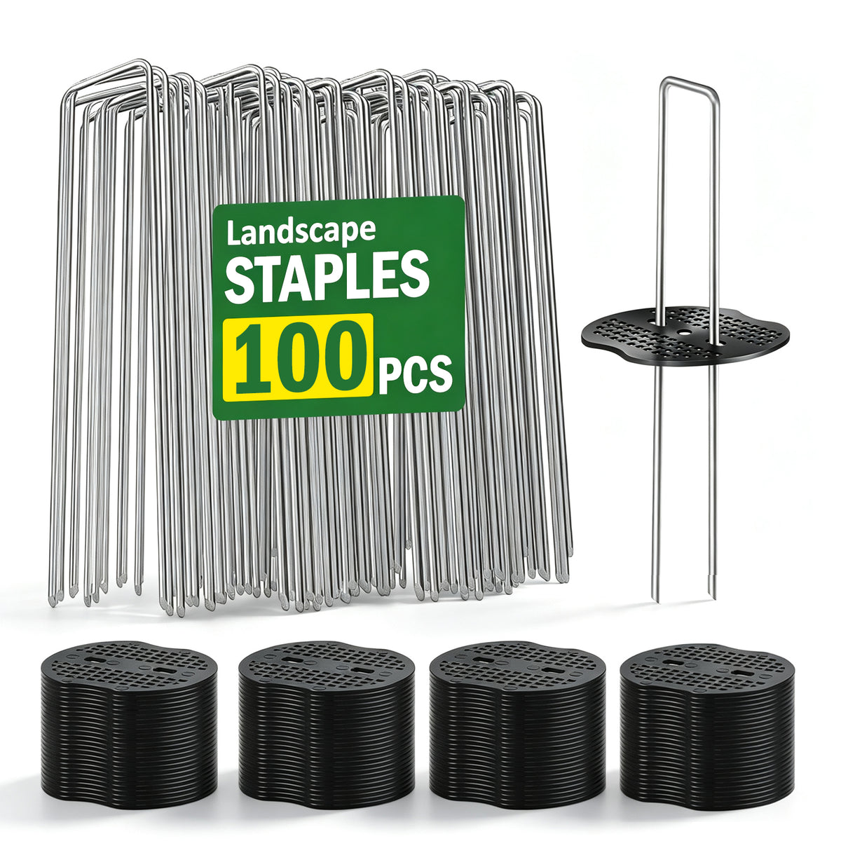 50 Pcs Garden Stakes Landscape Staples Set, 6 Inch 11 Gauge Heavy Duty Galvanized U-Shaped Pins with 50 Gaskets for Weed Barrier Fabric, Grass Sod, Artificial Turf & Yard Landscape, Weed Barrier