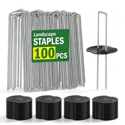 50 Pcs Garden Stakes Landscape Staples Set, 6 Inch 11 Gauge Heavy Duty Galvanized U-Shaped Pins with 50 Gaskets for Weed Barrier Fabric, Grass Sod, Artificial Turf & Yard Landscape, Weed Barrier