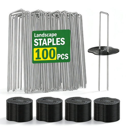 50 Pcs Garden Stakes Landscape Staples Set, 6 Inch 11 Gauge Heavy Duty Galvanized U-Shaped Pins with 50 Gaskets for Weed Barrier Fabric, Grass Sod, Artificial Turf & Yard Landscape, Weed Barrier