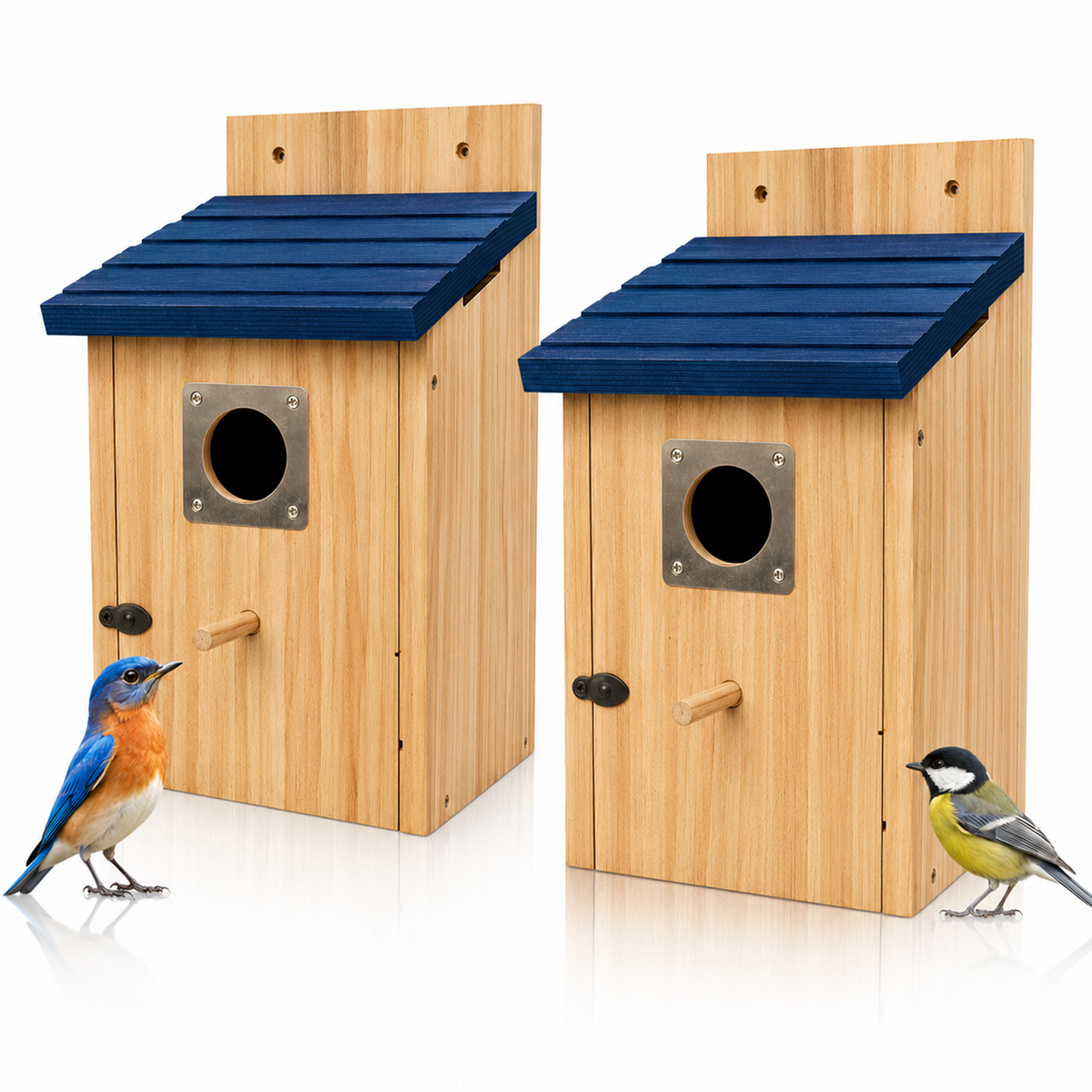 2 Pack Bird Houses for Outside, Wooden Cedar Bluebird Nesting Box with Copper Entrance Guard, Mountable Bird House for Tree, Garden, Patio &amp; Backyard, Easy Clean Shelter for Sparrows and Wild