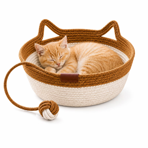 Large Round Cat Bed, Natural Wicker Cat Basket with Scratcher, Cozy Elevated Kitty Hammock for Indoor Cats, Pet Furniture