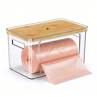 Trash Bag Holder with Bamboo Lid, Stackable Storage for Laundry Room Organization, Extra Large Garbage Bag Dispenser, Under Sink Pantry Organizer