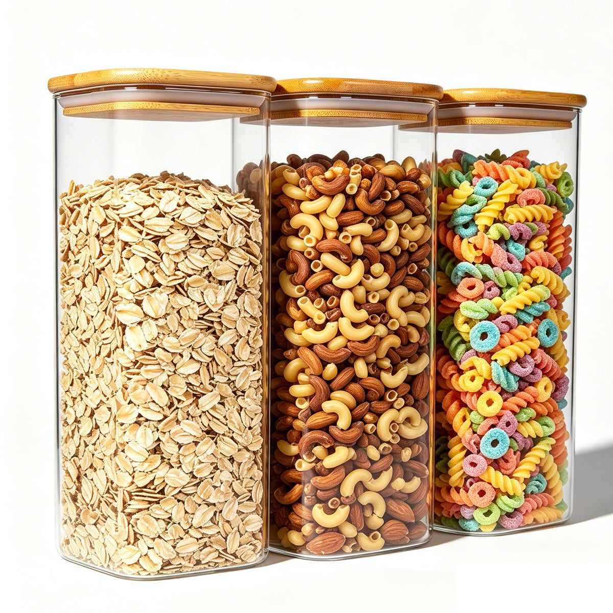 Glass Spaghetti Pasta Storage Containers, 3 Pack 2.2Qt Square Airtight Glass Jars, Clear Sealed Canisters for Flour Cereal Beans Pantry Organization