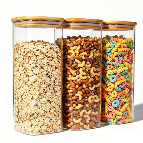 Glass Spaghetti Pasta Storage Containers, 3 Pack 2.2Qt Square Airtight Glass Jars, Clear Sealed Canisters for Flour Cereal Beans Pantry Organization