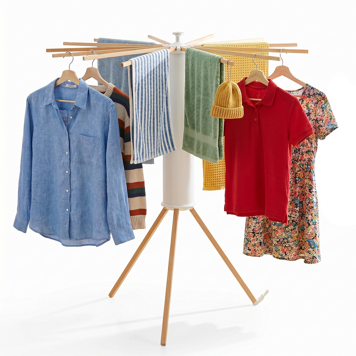 Tripod Clothes Drying Rack, Foldable Wooden Garment Rack, Portable Space Saving Floor Laundry Stand for Bedroom and Balcony Use