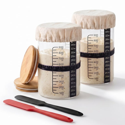 2 Sets Sourdough Starter Jar, 34 oz Sourdough Starter Kit with Thermometer, Scraper, Cloth Cover and Bamboo Lid Feeding Band Wide Mouth Reusable&Space-saving Sour Dough Glass Jar Container