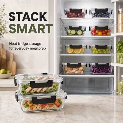 Glass Meal Prep Containers 10 Pack with Black Airtight Lids, Leakproof Borosilicate Glass Food Storage Containers