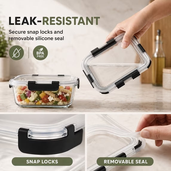 Glass Meal Prep Containers 10 Pack with Black Airtight Lids, Leakproof Borosilicate Glass Food Storage Containers