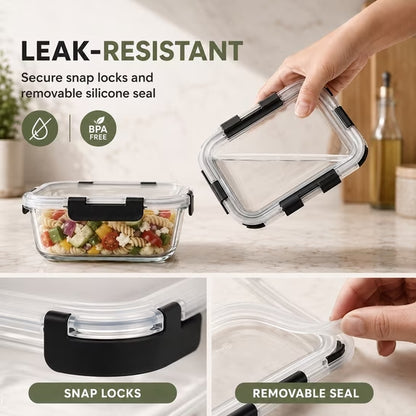 Glass Meal Prep Containers 10 Pack with Black Airtight Lids, Leakproof Borosilicate Glass Food Storage Containers