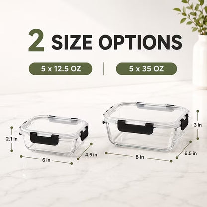 Glass Meal Prep Containers 10 Pack with Black Airtight Lids, Leakproof Borosilicate Glass Food Storage Containers