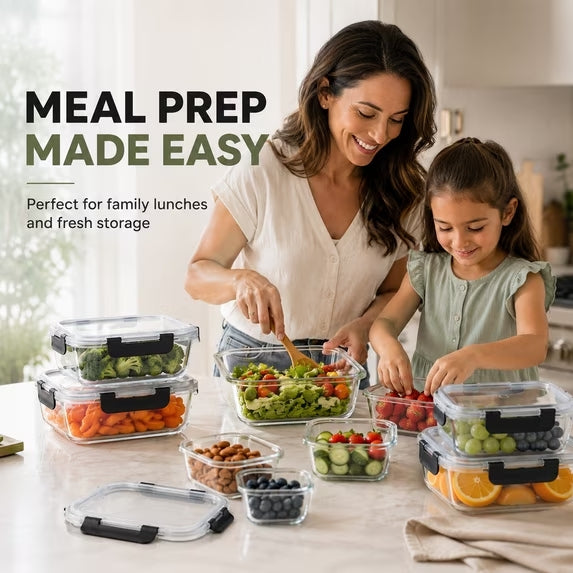 Glass Meal Prep Containers 10 Pack with Black Airtight Lids, Leakproof Borosilicate Glass Food Storage Containers