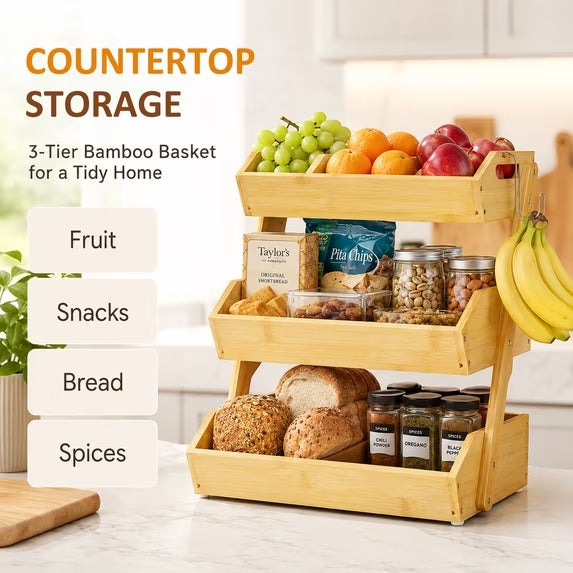 3 Tier Fruit Basket for Kitchen Counter with Banana Holder, Bamboo Stand for Snacks, Bread, Produce & Farmhouse Kitchen