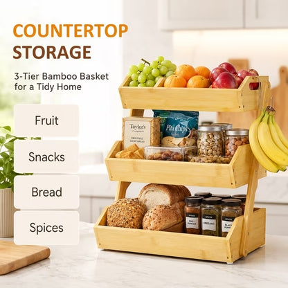 3 Tier Fruit Basket for Kitchen Counter with Banana Holder, Bamboo Stand for Snacks, Bread, Produce & Farmhouse Kitchen