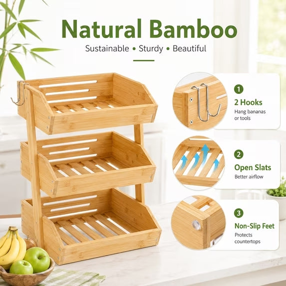 3 Tier Fruit Basket for Kitchen Counter with Banana Holder, Bamboo Stand for Snacks, Bread, Produce & Farmhouse Kitchen