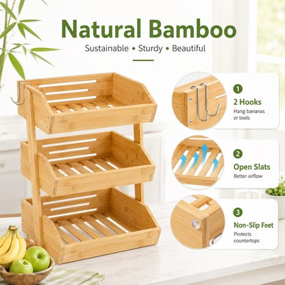 3 Tier Fruit Basket for Kitchen Counter with Banana Holder, Bamboo Stand for Snacks, Bread, Produce & Farmhouse Kitchen