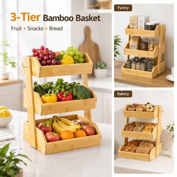 3 Tier Fruit Basket for Kitchen Counter with Banana Holder, Bamboo Stand for Snacks, Bread, Produce & Farmhouse Kitchen