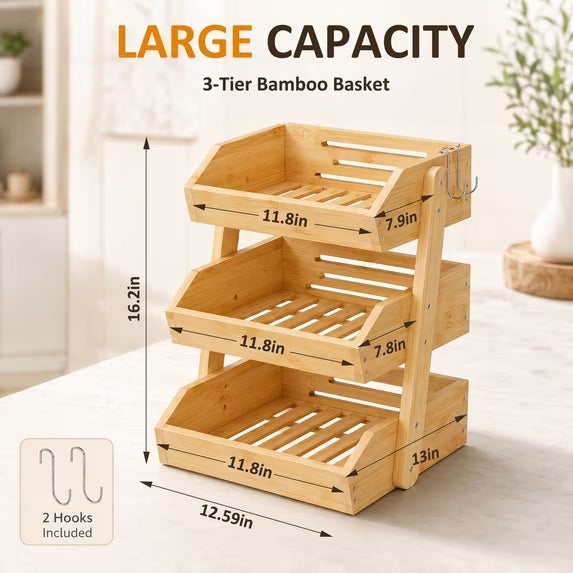3 Tier Fruit Basket for Kitchen Counter with Banana Holder, Bamboo Stand for Snacks, Bread, Produce & Farmhouse Kitchen