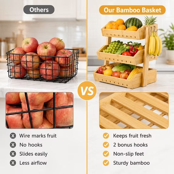 3 Tier Fruit Basket for Kitchen Counter with Banana Holder, Bamboo Stand for Snacks, Bread, Produce & Farmhouse Kitchen