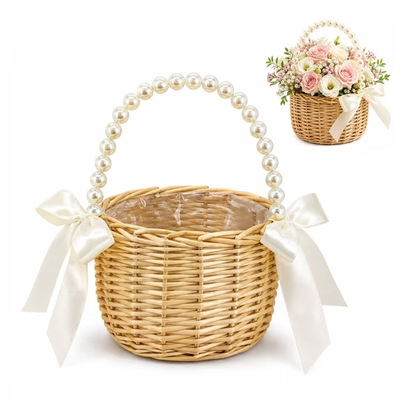 Flower Girl Basket, Small Wicker Basket with Pearl Handle and Bow, 5.9 Inch Rattan Flower Basket, Lightweight Wedding Basket for Petals, Ceremony Aisle, Home Decor and Flower Girl Gifts