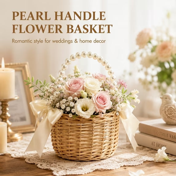 Flower Girl Basket, Small Wicker Basket with Pearl Handle and Bow, 5.9 Inch Rattan Flower Basket, Lightweight Wedding Basket for Petals, Ceremony Aisle, Home Decor and Flower Girl Gifts