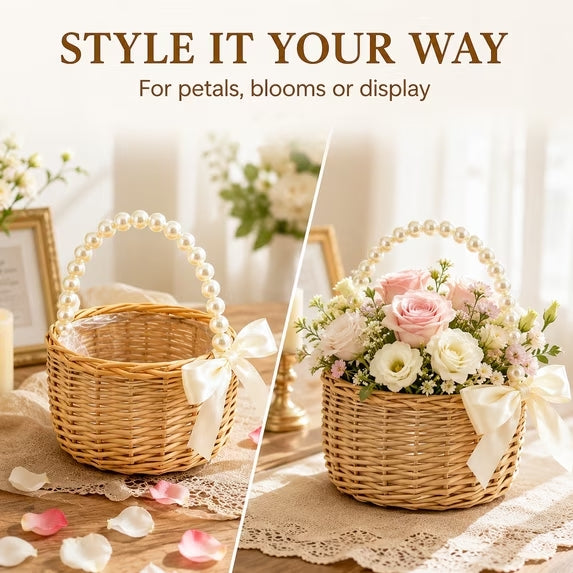 Flower Girl Basket, Small Wicker Basket with Pearl Handle and Bow, 5.9 Inch Rattan Flower Basket, Lightweight Wedding Basket for Petals, Ceremony Aisle, Home Decor and Flower Girl Gifts