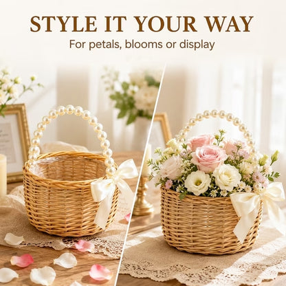 Flower Girl Basket, Small Wicker Basket with Pearl Handle and Bow, 5.9 Inch Rattan Flower Basket, Lightweight Wedding Basket for Petals, Ceremony Aisle, Home Decor and Flower Girl Gifts