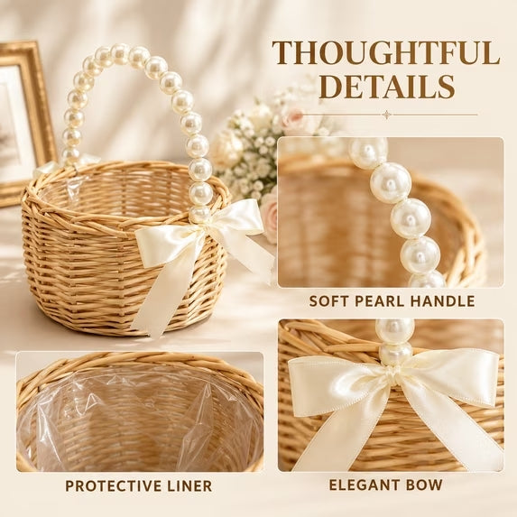 Flower Girl Basket, Small Wicker Basket with Pearl Handle and Bow, 5.9 Inch Rattan Flower Basket, Lightweight Wedding Basket for Petals, Ceremony Aisle, Home Decor and Flower Girl Gifts