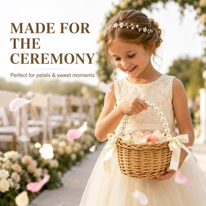 Flower Girl Basket, Small Wicker Basket with Pearl Handle and Bow, 5.9 Inch Rattan Flower Basket, Lightweight Wedding Basket for Petals, Ceremony Aisle, Home Decor and Flower Girl Gifts