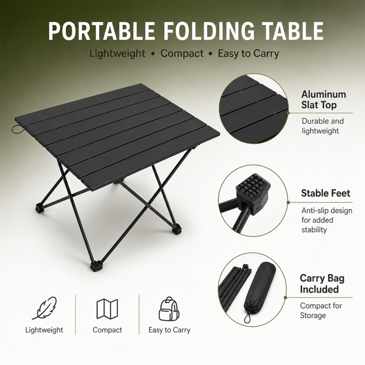 Ultralight Folding Camping Table,Portable Camping Table with Aluminum Table Top,Folding Camping Table with Carry Bag for Outdoor,Picnic, BBQ,Cooking,Festival,Beach,Home,Black