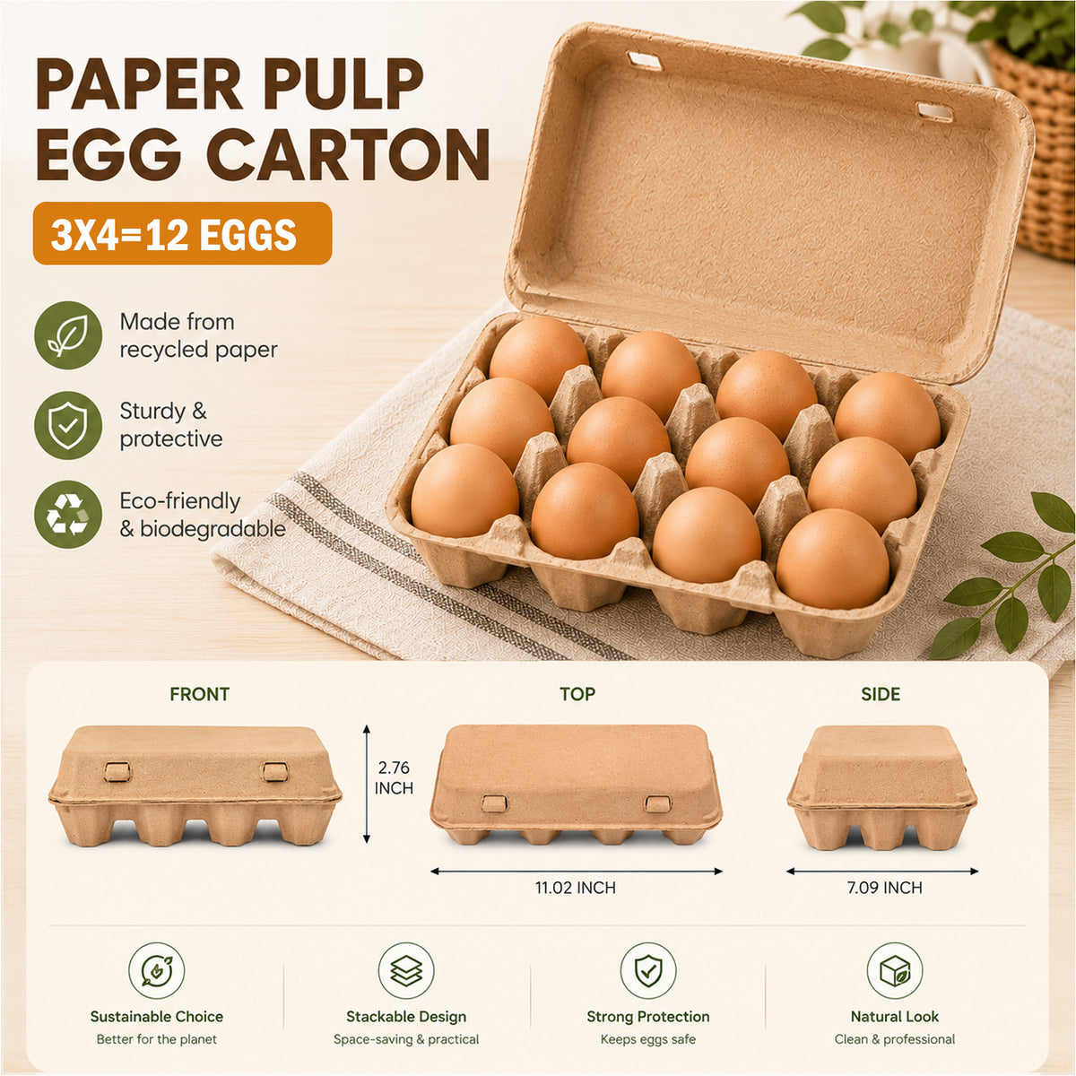 30 Pcs Blank Pulp Egg Cartons, 3×4 Size 12 Grid Pulp Egg Trays, Sturdy Molded Pulp Packaging for Farm Fresh Free-Range Imported Eggs