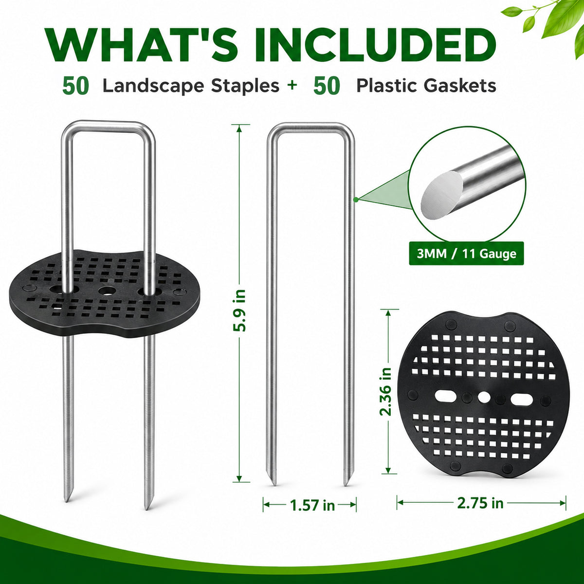 50 Pcs Garden Stakes Landscape Staples Set, 6 Inch 11 Gauge Heavy Duty Galvanized U-Shaped Pins with 50 Gaskets for Weed Barrier Fabric, Grass Sod, Artificial Turf & Yard Landscape, Weed Barrier