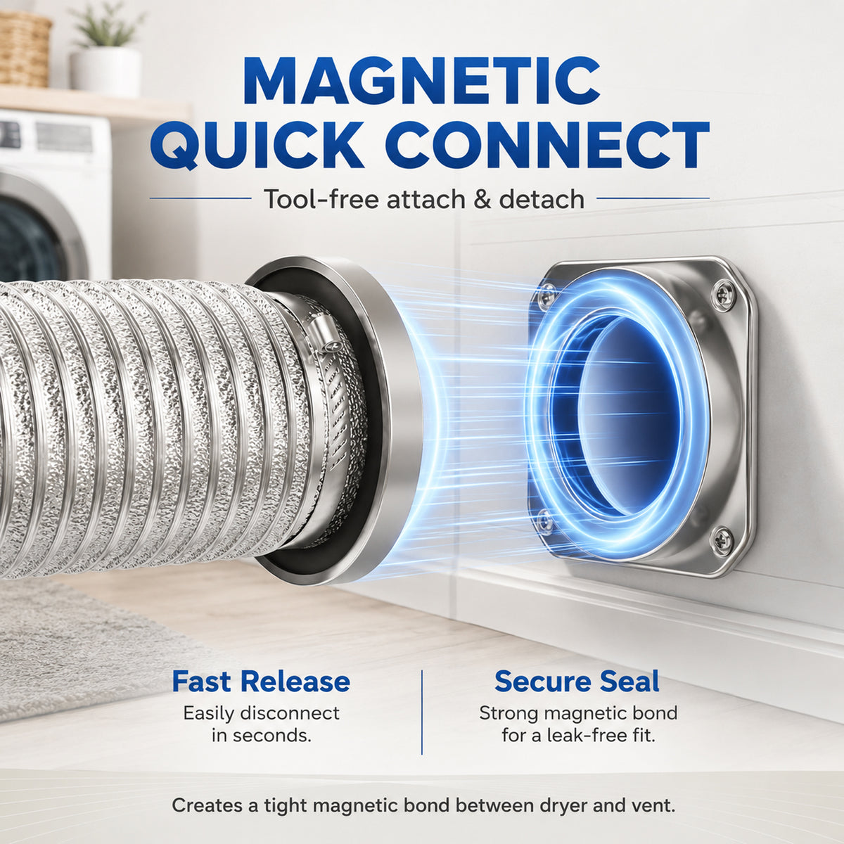 Magnetic Dryer Vent Connector, 180 Degree Wall Mount Exhaust Coupler, 4 Inch Carbon Steel Airtight Duct Adapter for Dryer Vent System, Laundry Room Vent Fitting