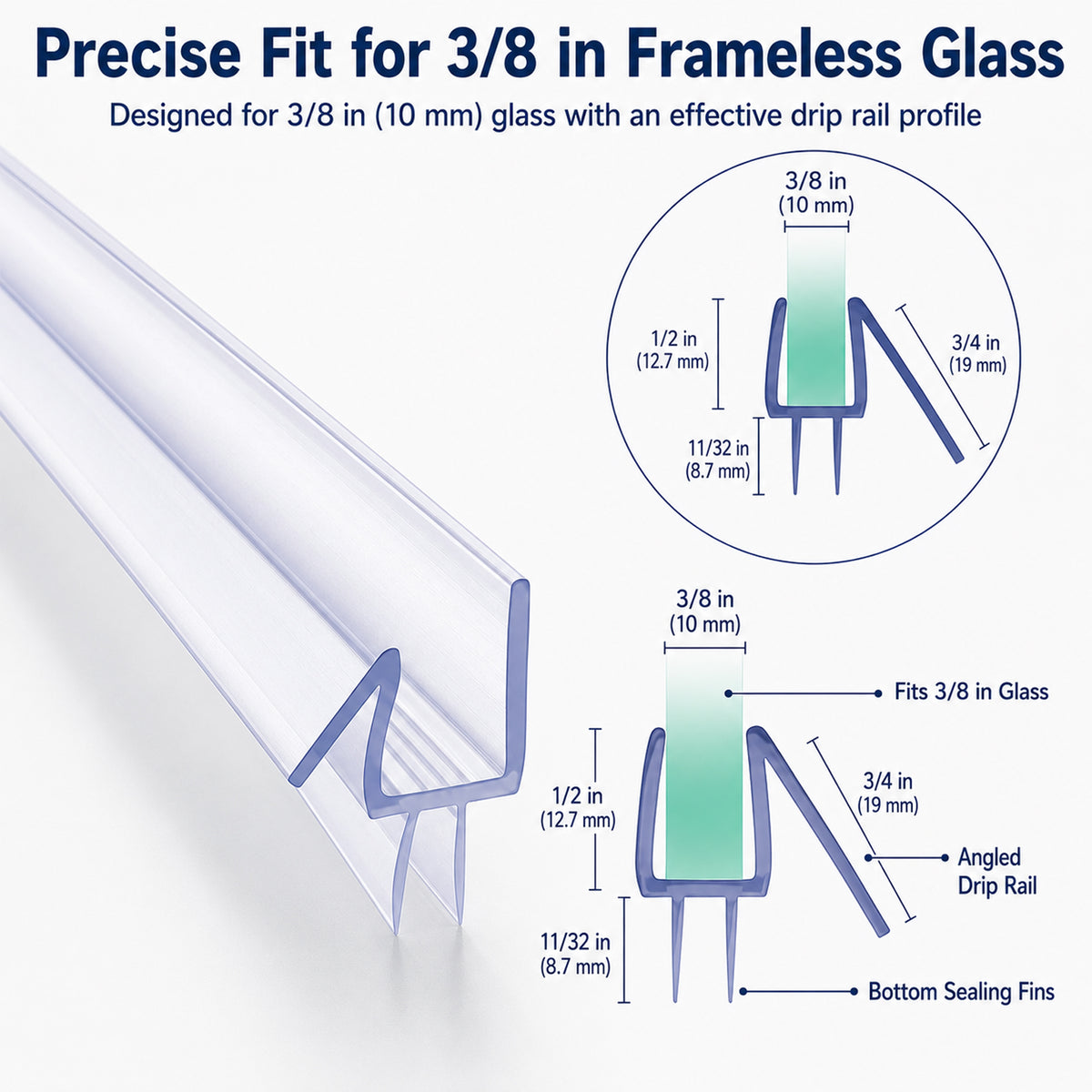 2-Pack Frameless Glass Shower Door Bottom Seal Strip, Effective Water Barrier Prevents Shower Water Leakage (3/8” x 39”)