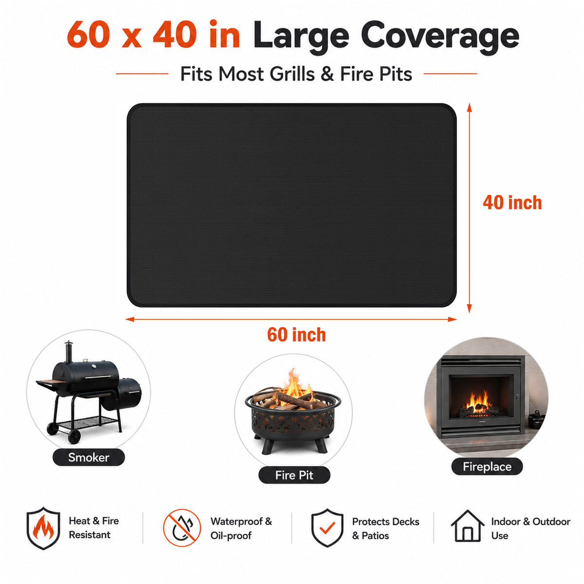 60x40 Inch Large Grill Protection Mat, Dual Sided Water & Oil Counteractive Heat Insulated Floor Pad, Anti-Scratch Ground Cover for Outdoor Backyard Barbecue, Indoor Fire Pit and Fireplace Use