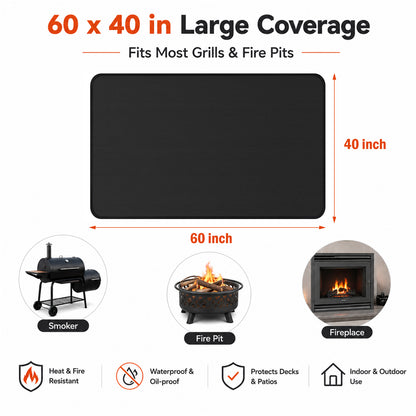 60x40 Inch Large Grill Protection Mat, Dual Sided Water & Oil Counteractive Heat Insulated Floor Pad, Anti-Scratch Ground Cover for Outdoor Backyard Barbecue, Indoor Fire Pit and Fireplace Use