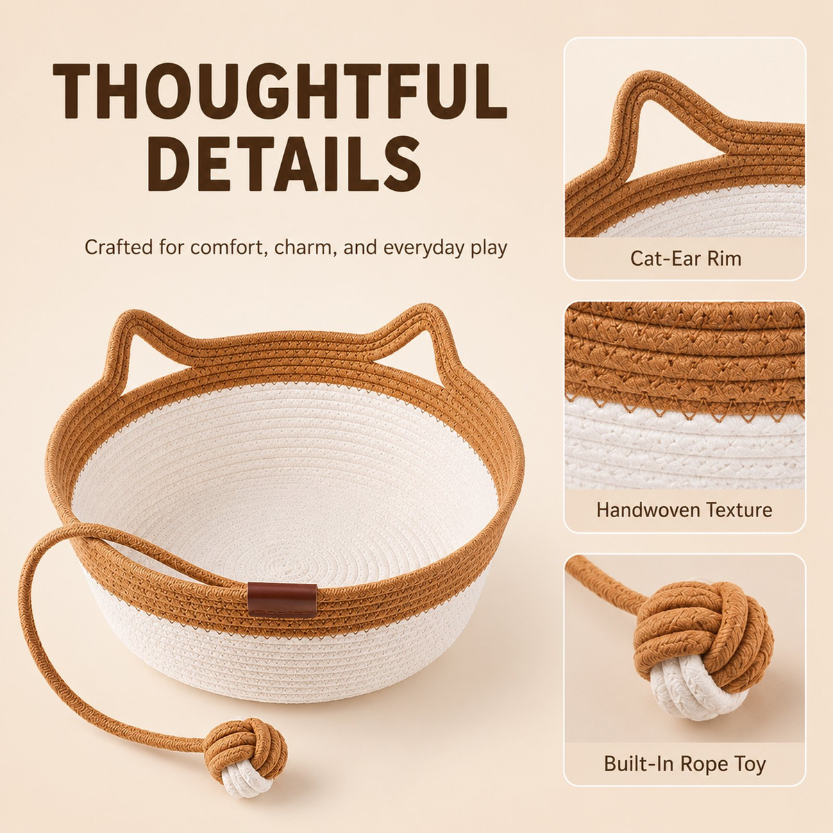 Large Round Cat Bed, Natural Wicker Cat Basket with Scratcher, Cozy Elevated Kitty Hammock for Indoor Cats, Pet Furniture
