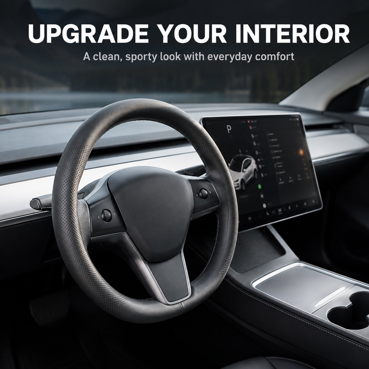 Nappa Leather Steering Wheel Cover Compatible with Tesla Model Y Accessories 2026 Juniper, Tesla Model 3 Accessories, Non-Slip Breathable Black Car Steering Wheel Cover, Y Protector