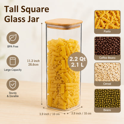 Glass Spaghetti Pasta Storage Containers, 3 Pack 2.2Qt Square Airtight Glass Jars, Clear Sealed Canisters for Flour Cereal Beans Pantry Organization
