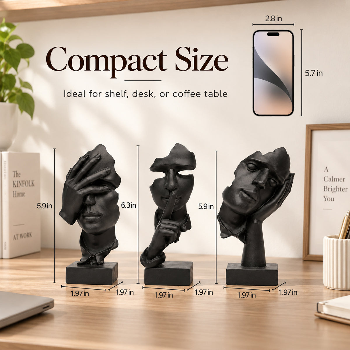 3 Pcs Thinker Statue, See No Evil Hear No Evil Speak No Evil Figurines, Abstract Resin Art Sculptures for Living Room, Home, Office, Study Decor, Silence is Gold Collection