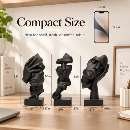 3 Pcs Thinker Statue, See No Evil Hear No Evil Speak No Evil Figurines, Abstract Resin Art Sculptures for Living Room, Home, Office, Study Decor, Silence is Gold Collection