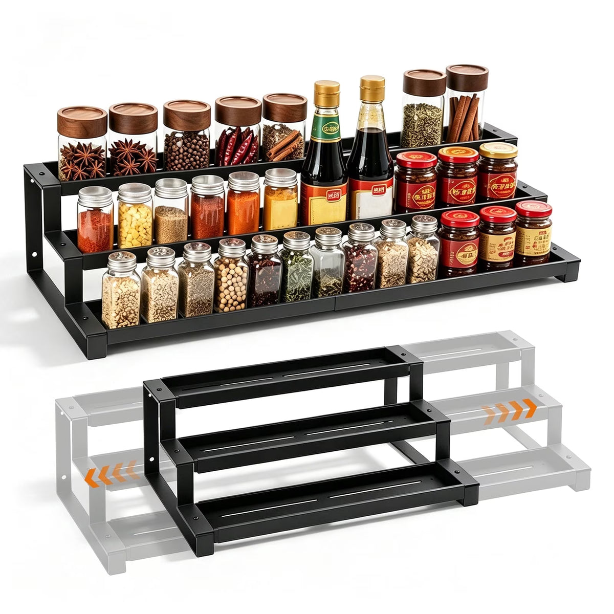 3-Tier Spice Rack Organizer for Kitchen Cabinet or Pantry, 14.5"-26.2" Expandable Metal Spice Shelf, Seasoning Organizer with Guardrails for Jars